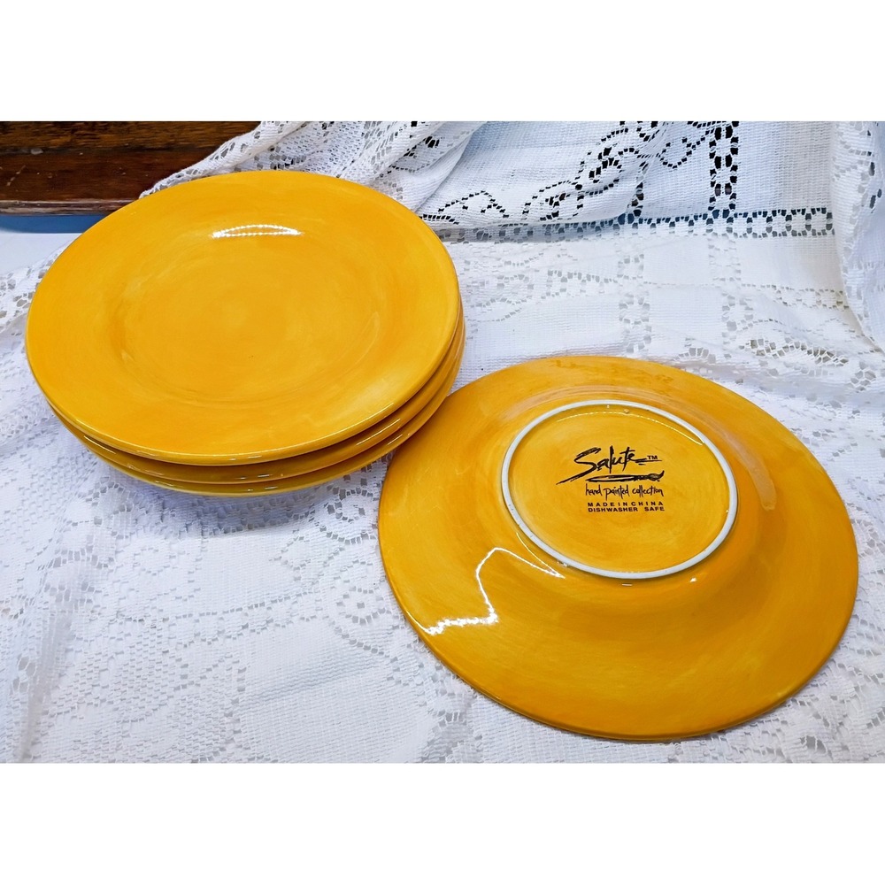 Salute Hand Painted Collection Yellow Orange Dinner Plates Set of 4 Ceramic - Picture 4 of 5